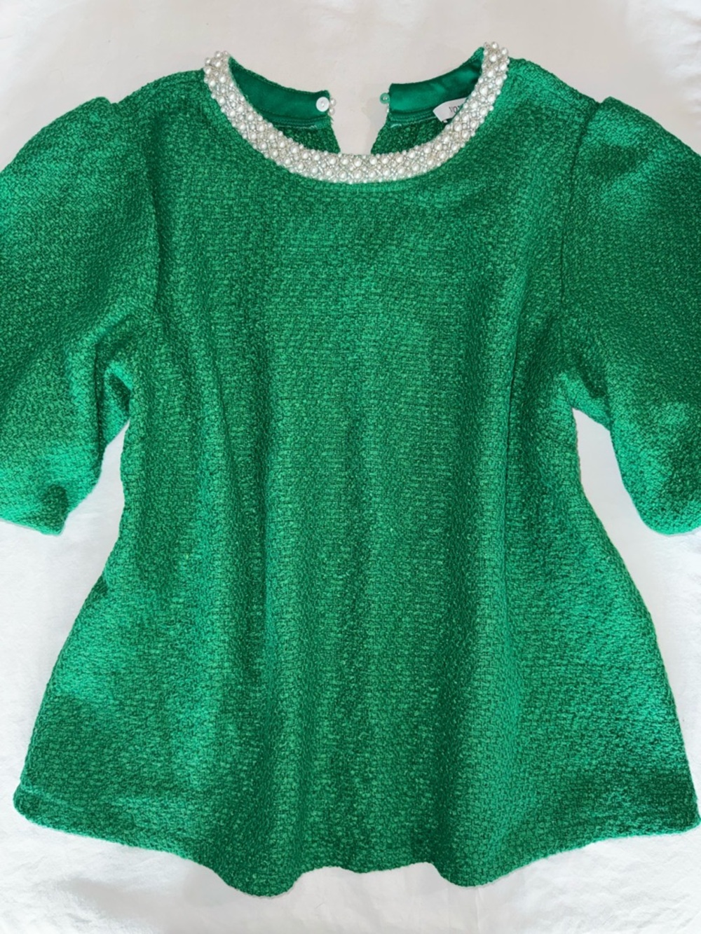 VOY Emerald Green Pearl-Trim Textured Top M